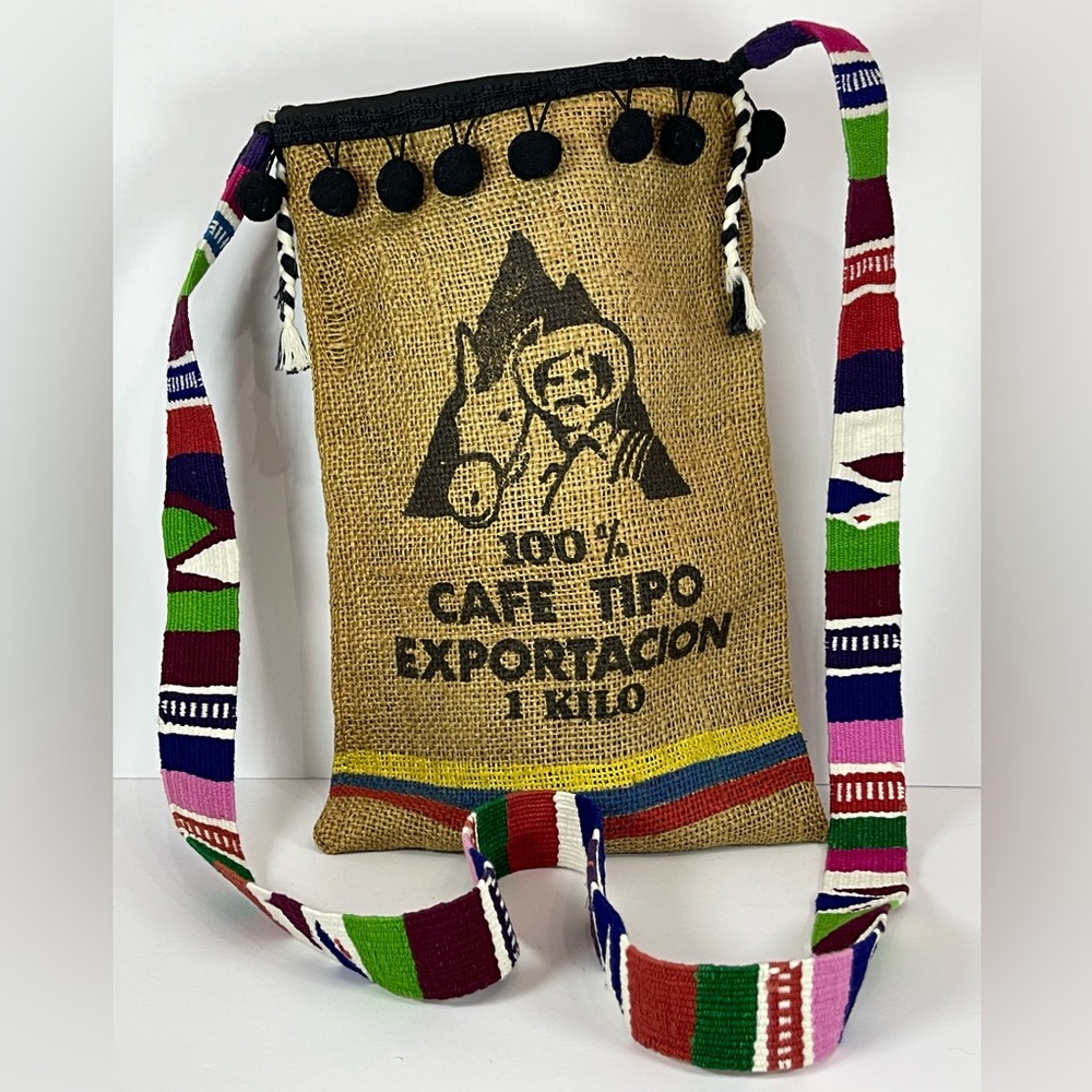 Vintage upcycled Colombian coffee burlap crossbody bag